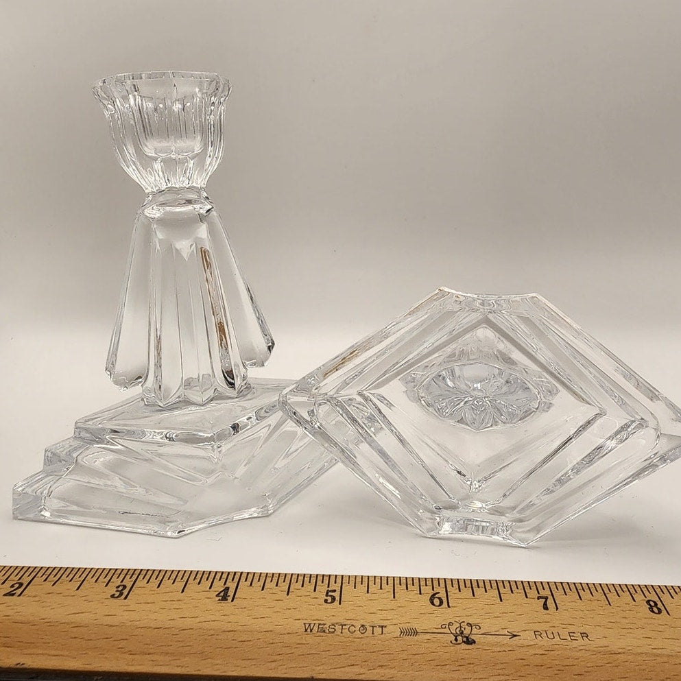Art Deco Crystal Candle Holders Pair Ernst Buder Fan Glass Taper Candlestick Set