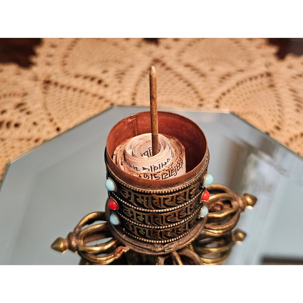 Vintage Tibetan Buddhist Prayer Wheel - Copper / Brass / Embedded Stones