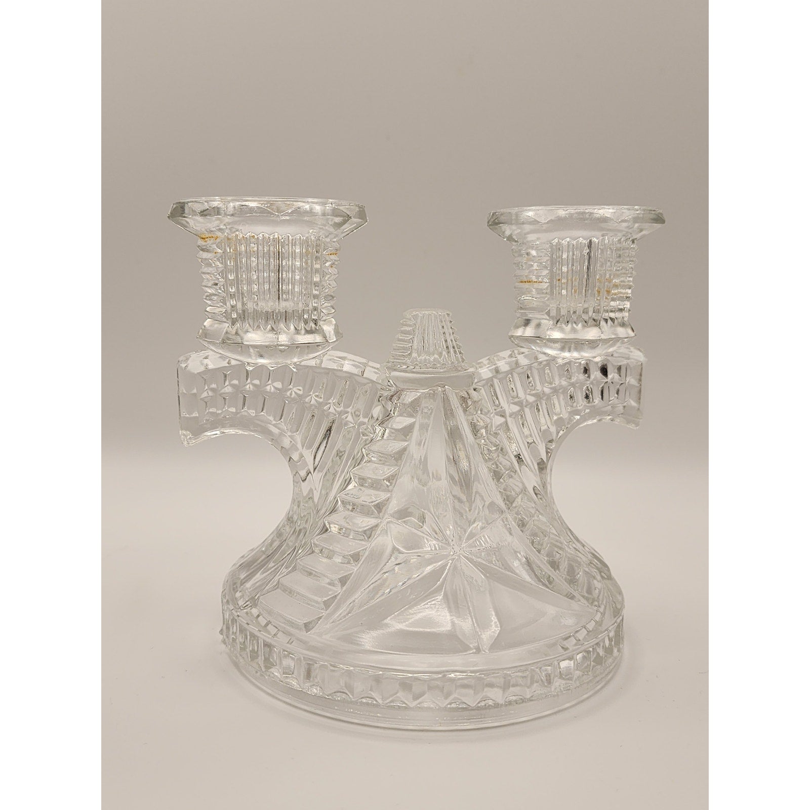 Vintage Federal Glass Wigwam Double Candle Holder Clear Pressed Art Deco 2 Lite