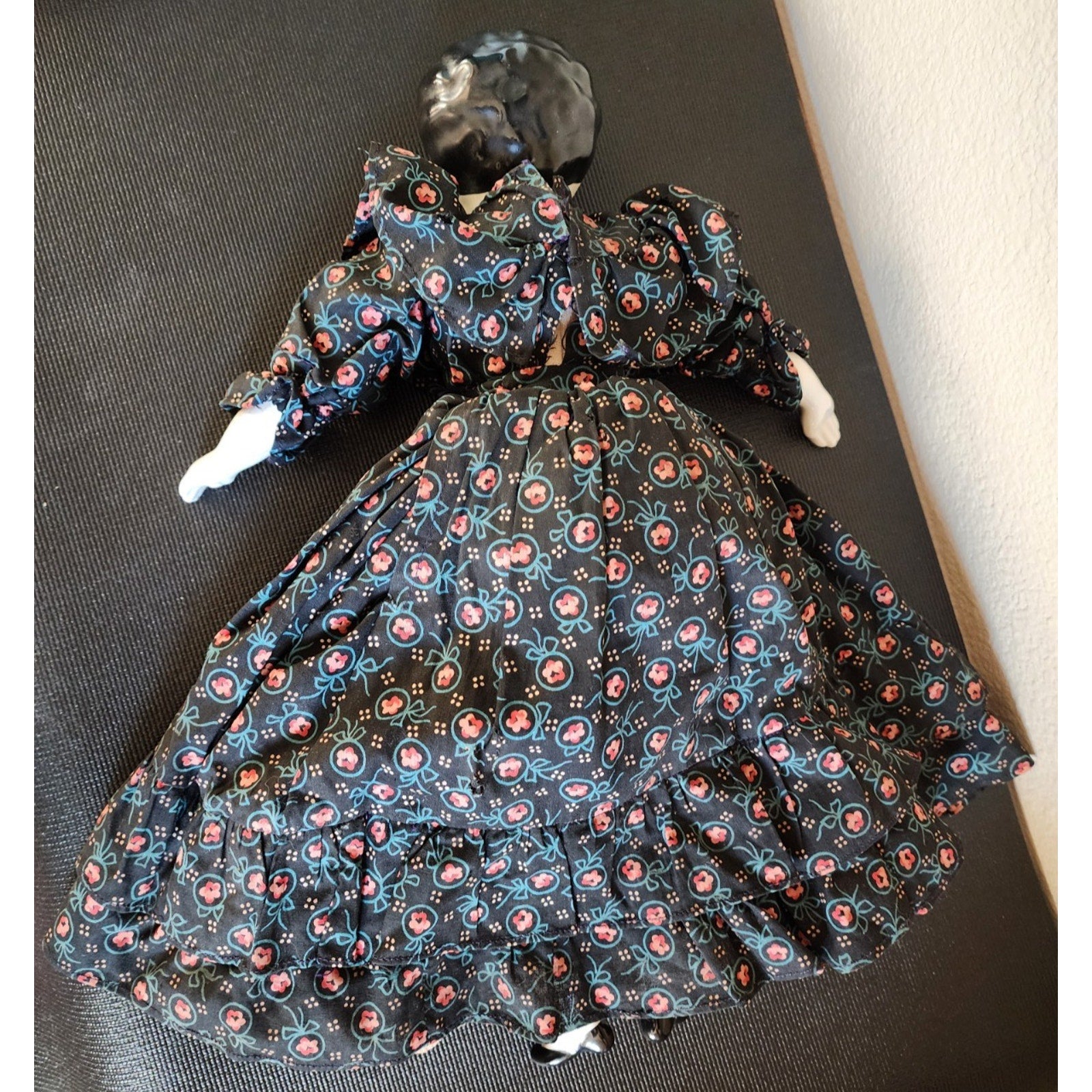 Vintage Glazed Porcelain China Head Doll -15” Black Hair w/ Dress