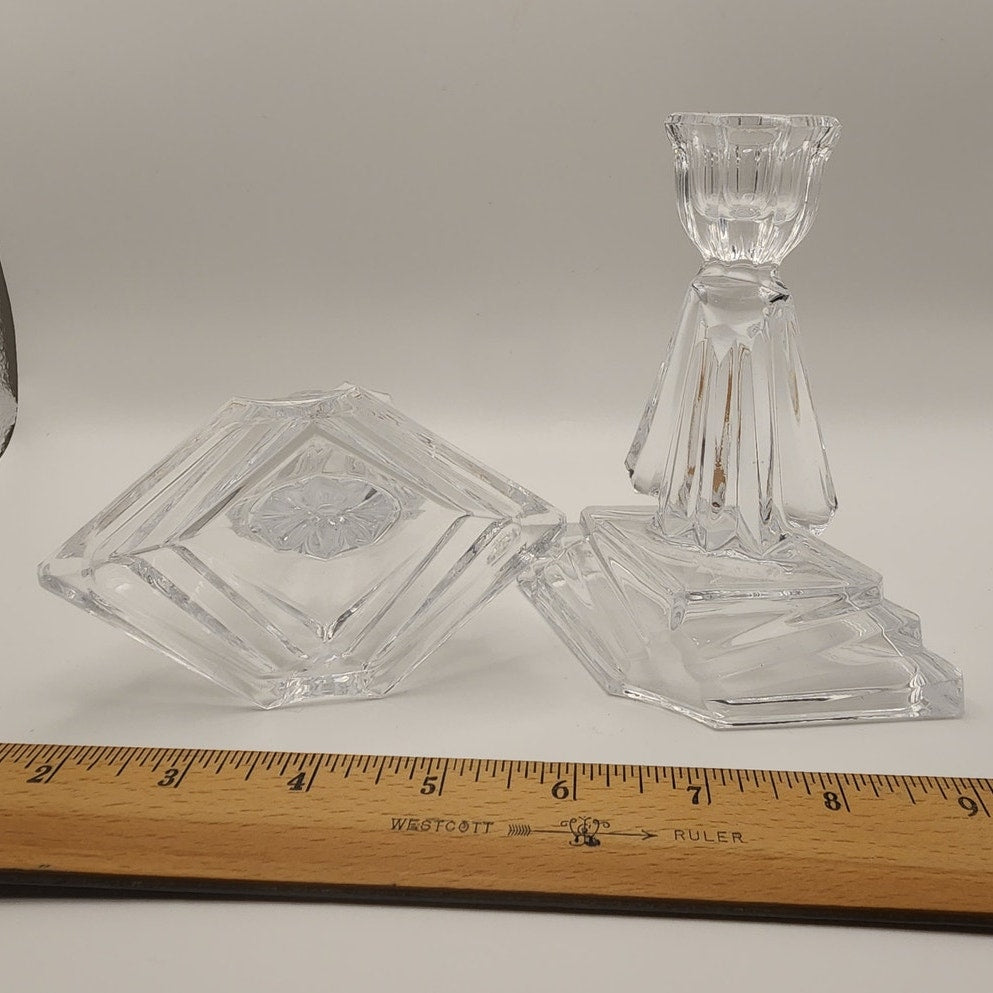 Art Deco Crystal Candle Holders Pair Ernst Buder Fan Glass Taper Candlestick Set