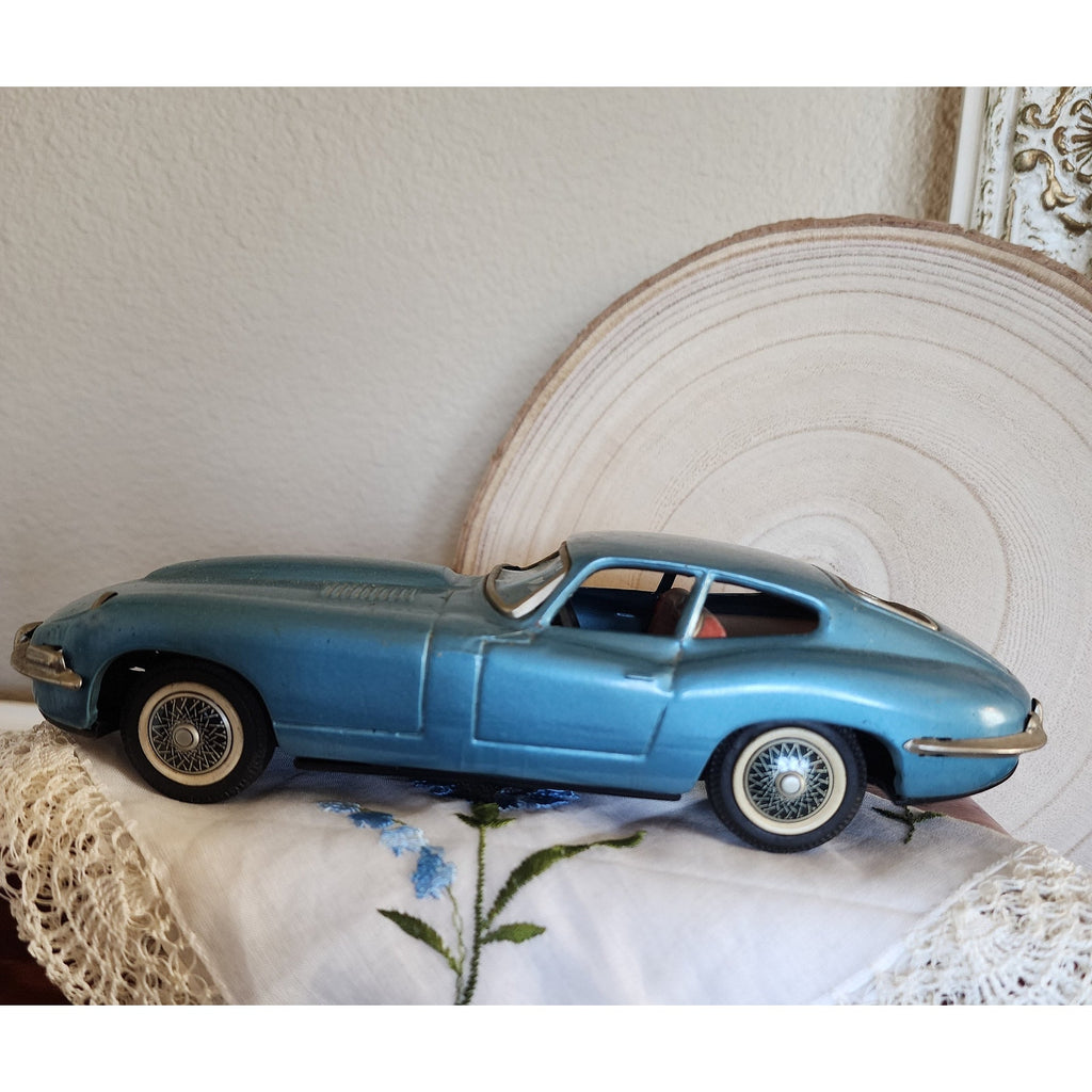 1960s Bandai Tin Friction Jaguar XKE Coupe – Slate Blue, 8", Vintage Toy Car