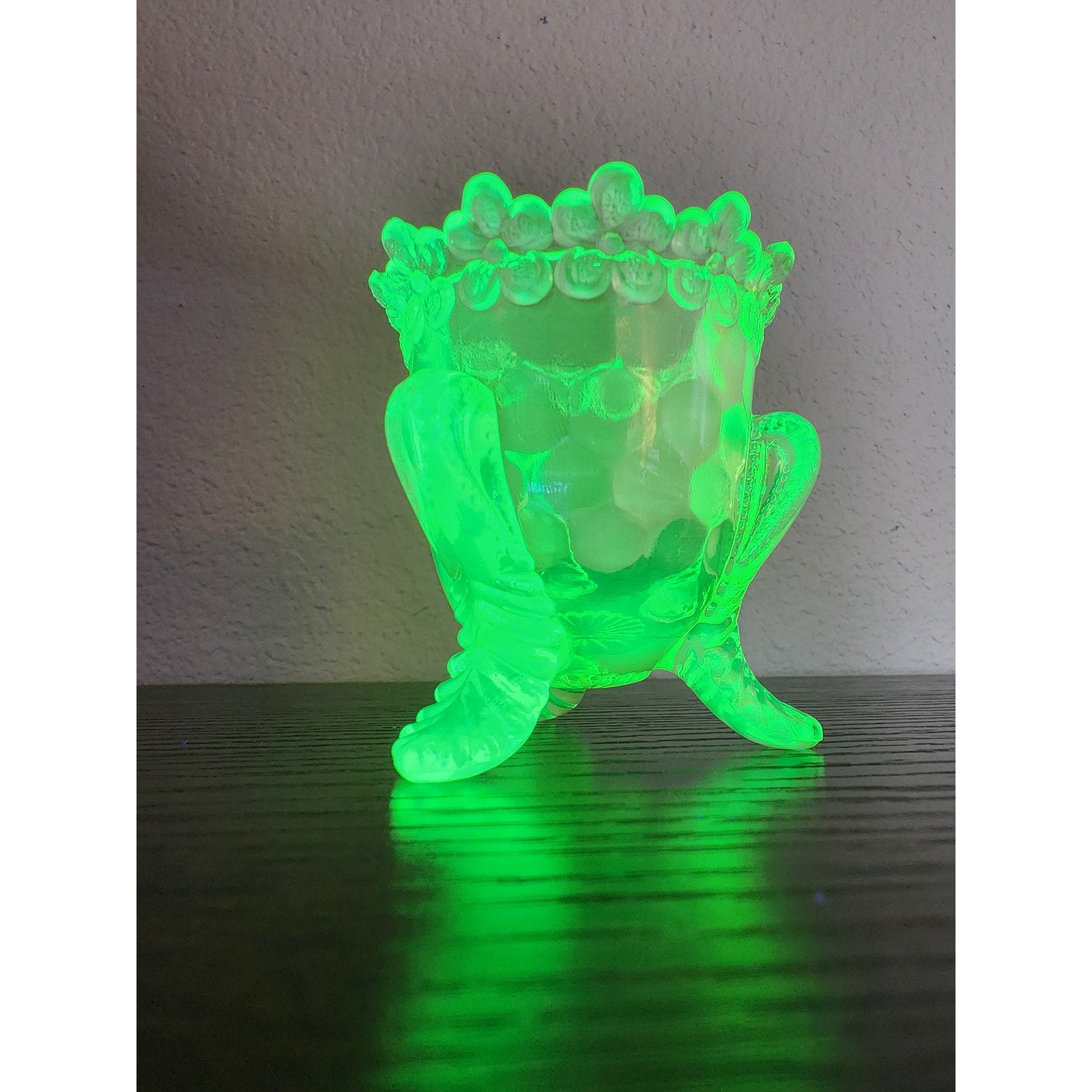 Vintage Boyd Crystal Art Glass Forget Me Not Toothpick Holder - Vaseline Uranium