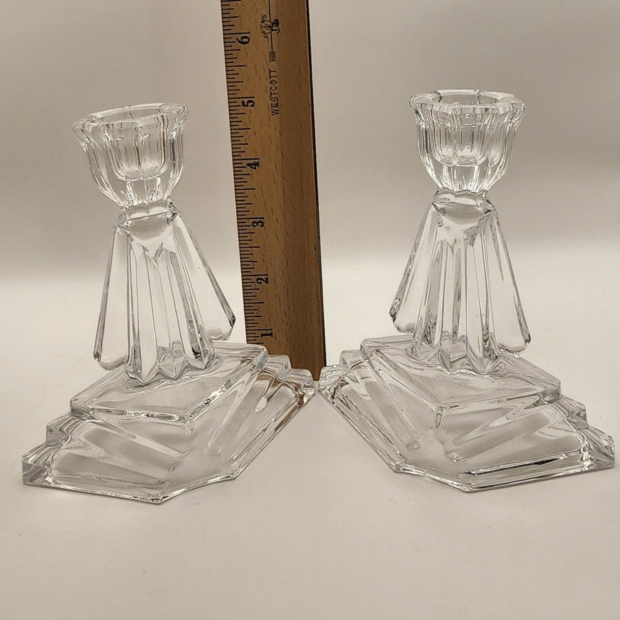 Art Deco Crystal Candle Holders Pair Ernst Buder Fan Glass Taper Candlestick Set