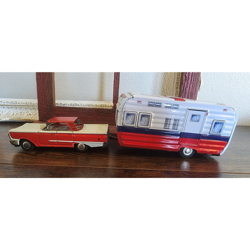 1960s Lithographed Tin Toy Ford Galaxie Car & Camping Trailer Set