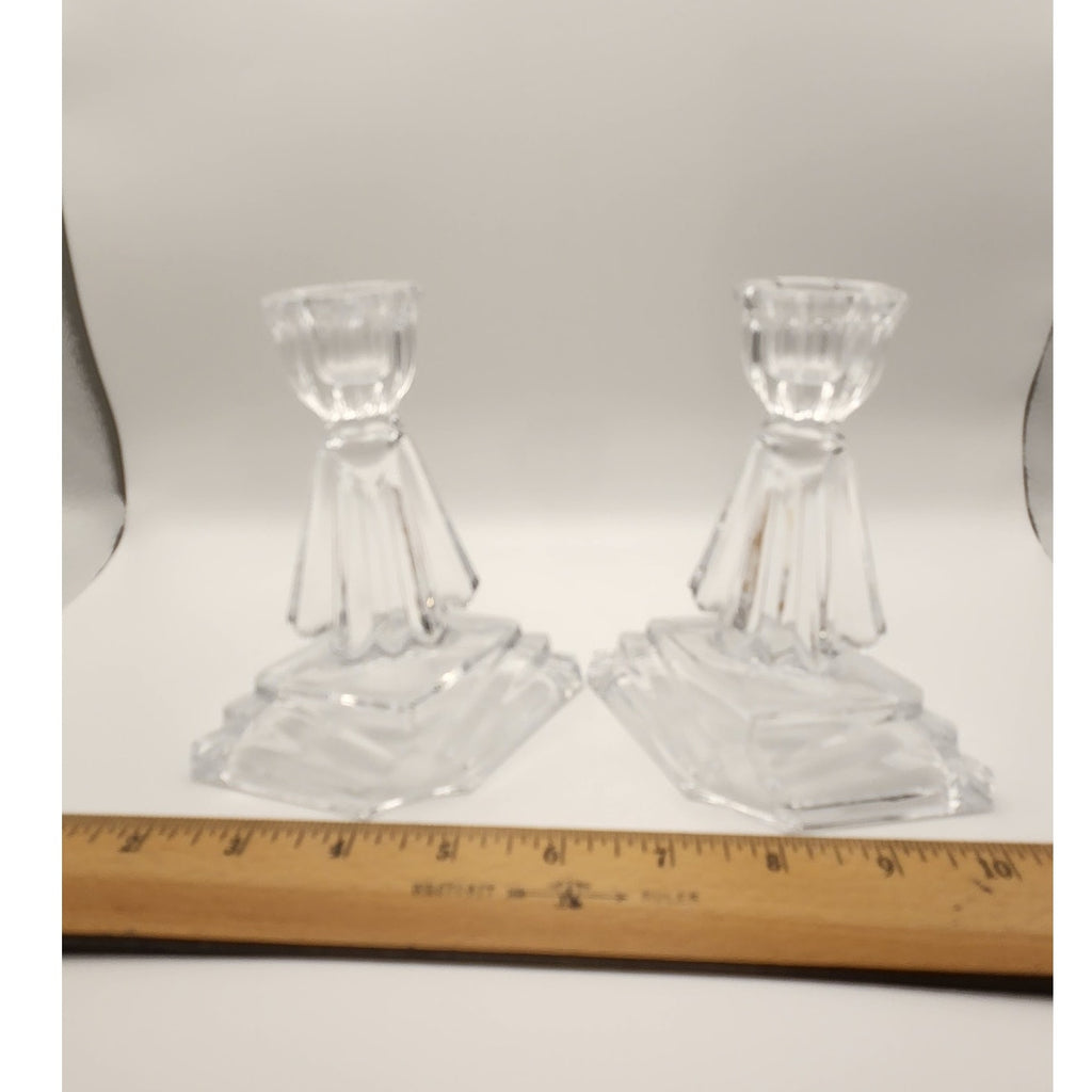 Art Deco Crystal Candle Holders Pair Ernst Buder Fan Glass Taper Candlestick Set