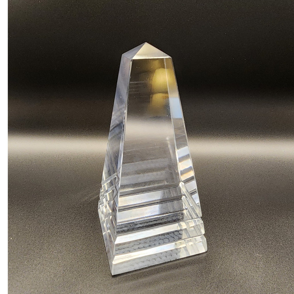 Vintage Clear Crystal Art Glass Obelisk Sculpture - Faceted Paperweight