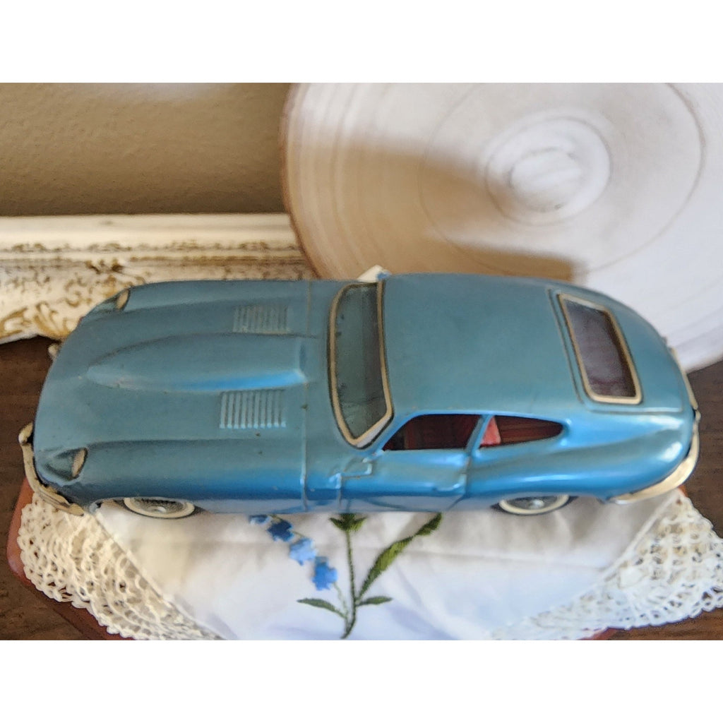 1960s Bandai Tin Friction Jaguar XKE Coupe – Slate Blue, 8", Vintage Toy Car