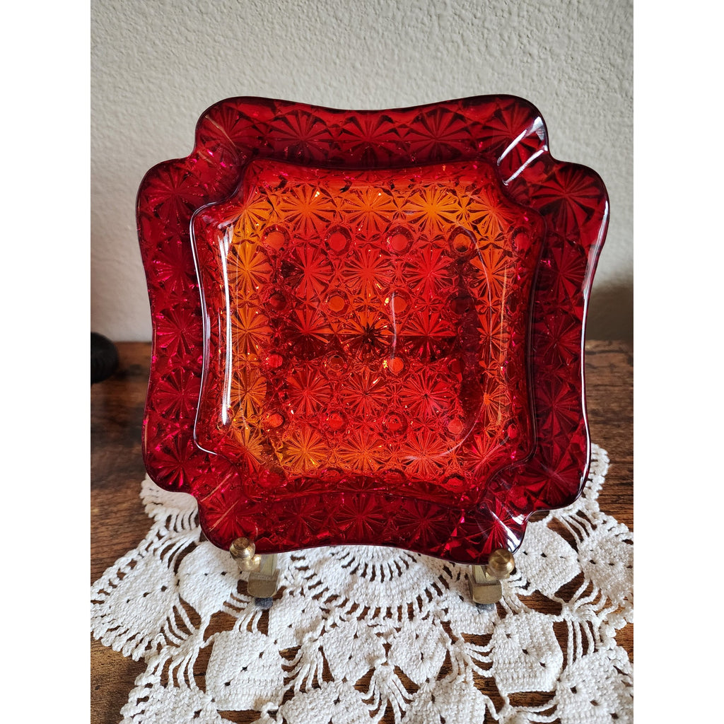 VTG L G Wright Amberina w/ UV Cadmium  "Daisy and Button" Ashtray  Glows Orange