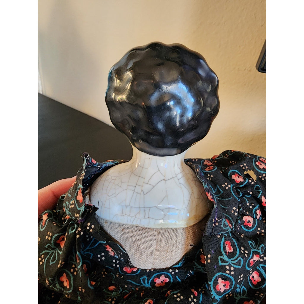 Vintage Glazed Porcelain China Head Doll -15” Black Hair w/ Dress