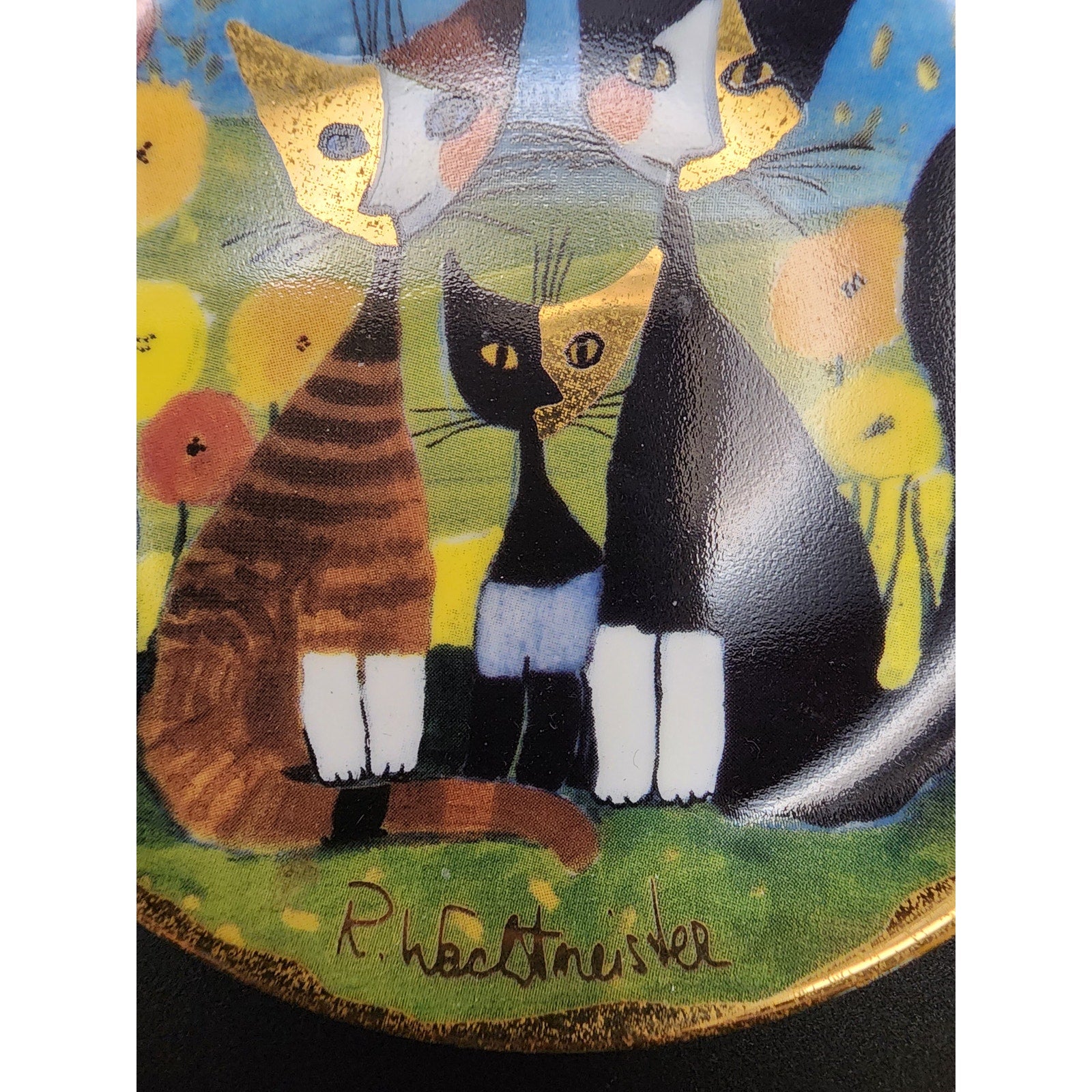Goebel Miniature Signed Plate R Wachtmeister "Cat Family" Floral Trinket Dish 4"
