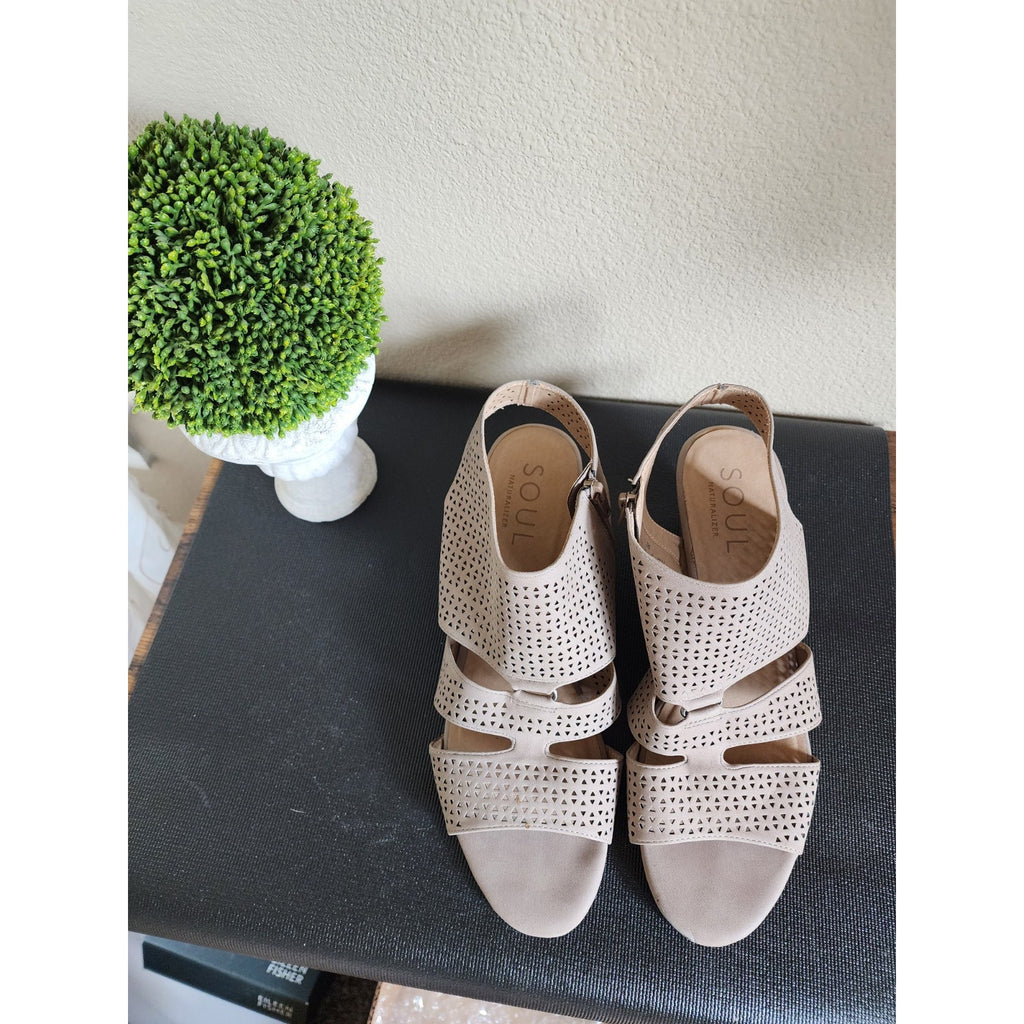 SOUL NATURALIZER Sandal Womens 11 M DEZ Heel Open Toe Bootie Beige Faux Leather