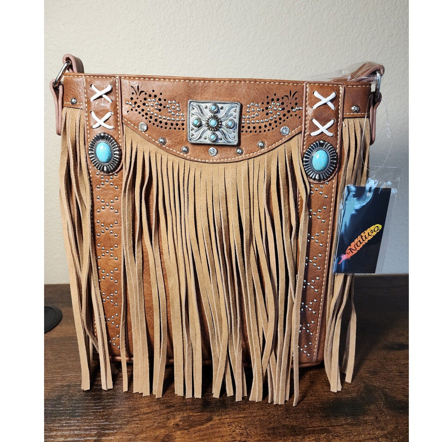 Nativo Brand Western Style Crossbody Bag w/Fringe, Turquoise Stones NWT Cognac