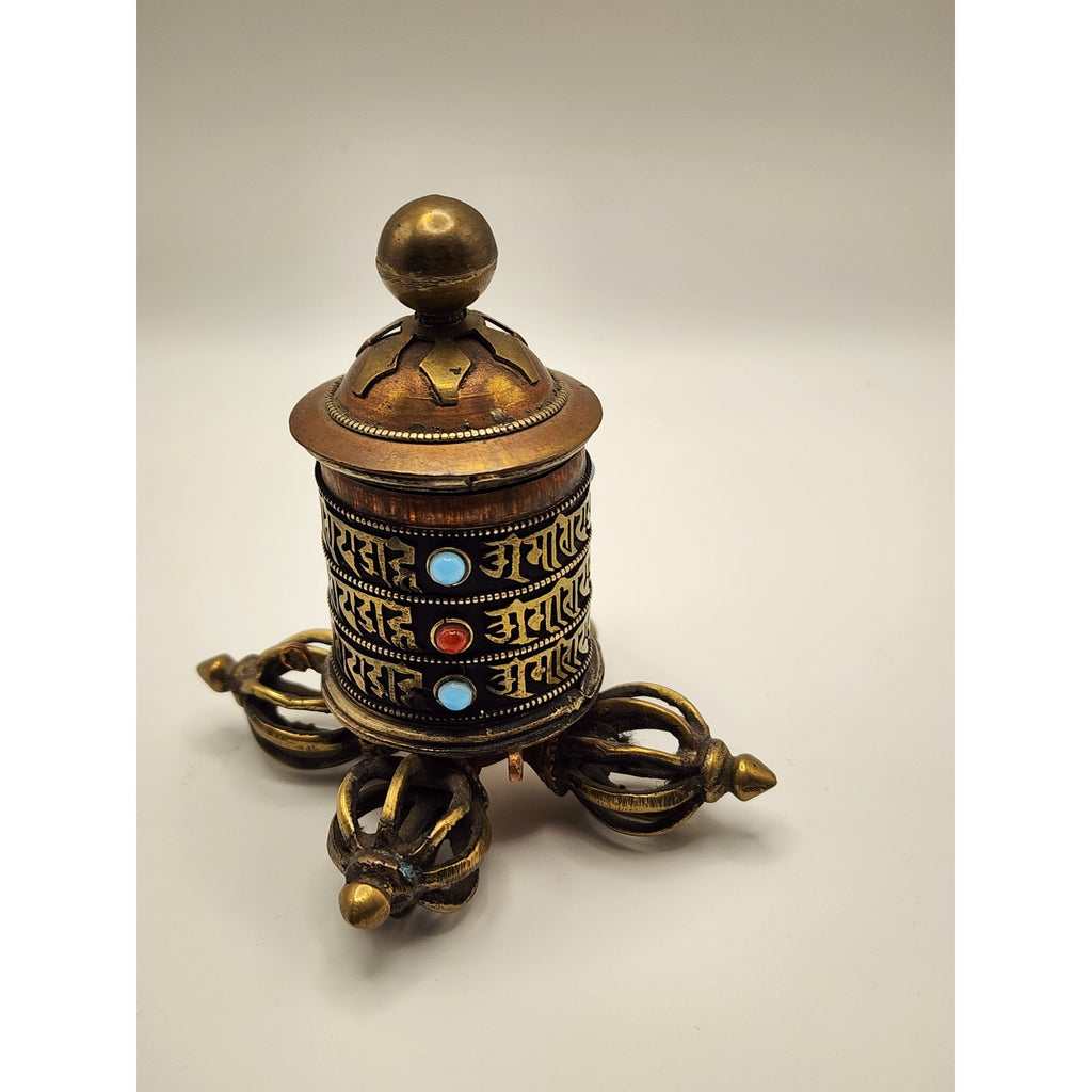 Vintage Tibetan Buddhist Prayer Wheel - Copper / Brass / Embedded Stones