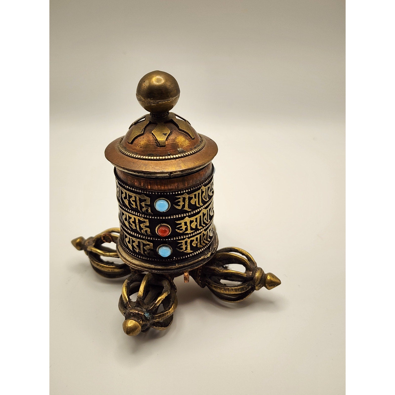 Vintage Tibetan Buddhist Prayer Wheel - Copper / Brass / Embedded Stones