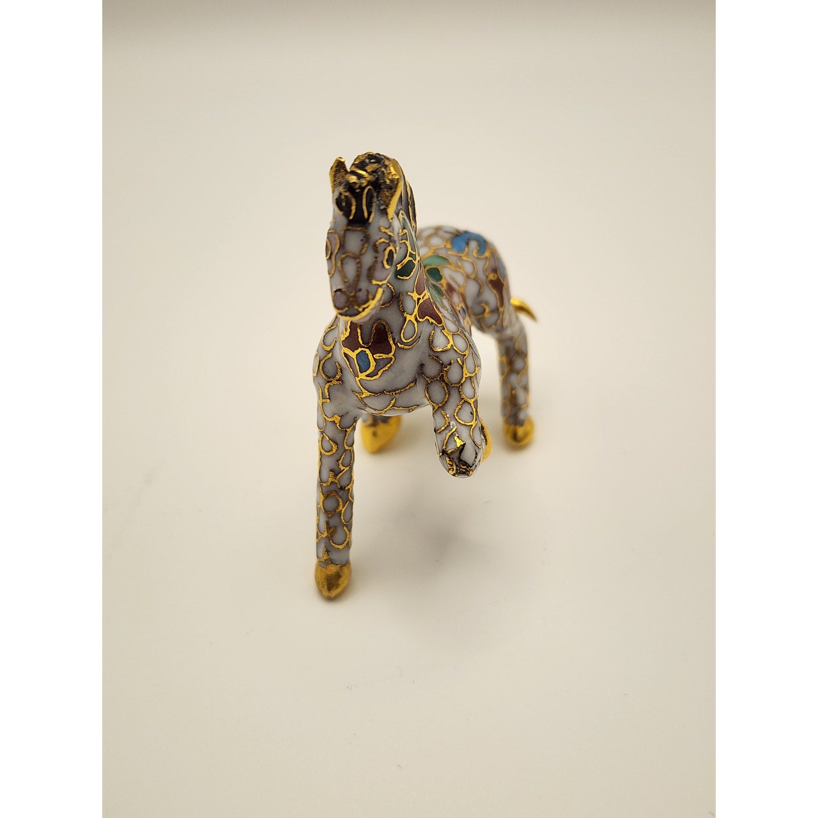 Vintage Miniature White Chinese Cloisonne Enamel Horse  Figurine w/ Gold Accents