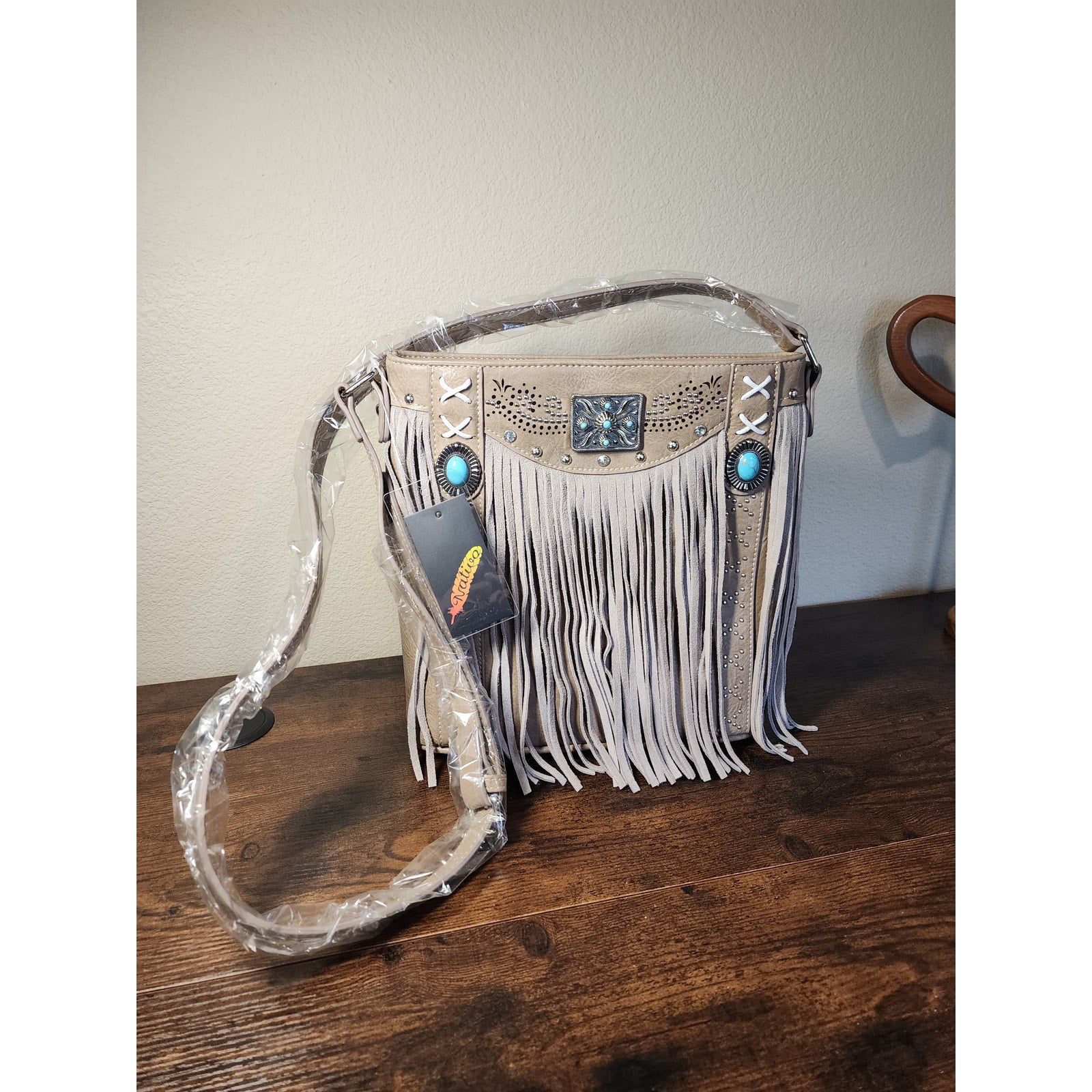 Nativo Brand Western Style Crossbody Bag w/Fringe, Turquoise Stones NWT