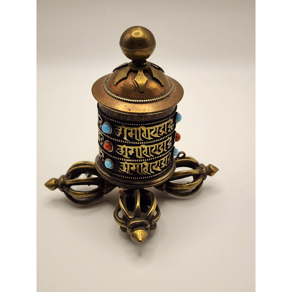 Vintage Tibetan Buddhist Prayer Wheel - Copper / Brass / Embedded Stones