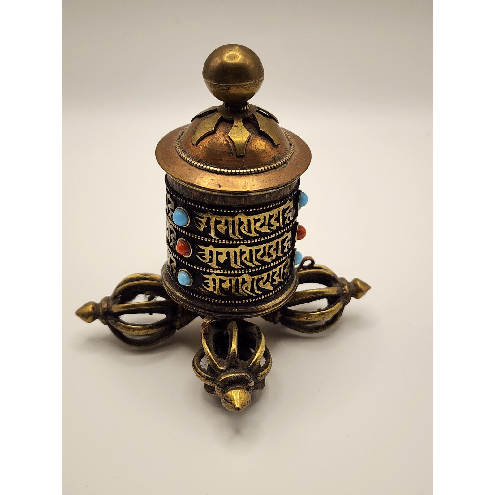 Vintage Tibetan Buddhist Prayer Wheel - Copper / Brass / Embedded Stones