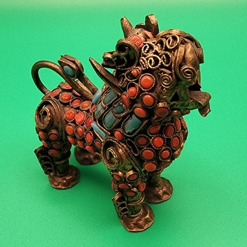 Vintage Tibetan Brass Filigree Foo Dog Figurine Inlaid w/ Coral/Turquoise Stones