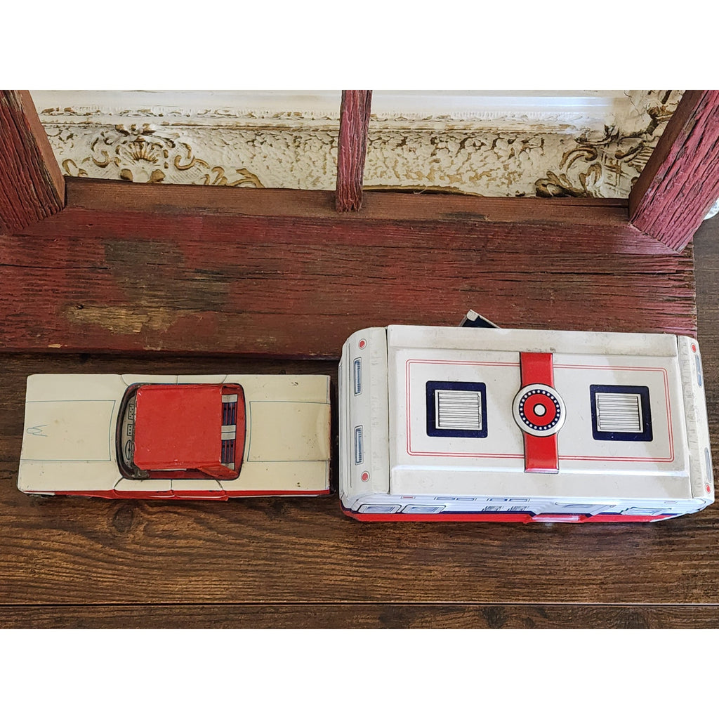 1960s Lithographed Tin Toy Ford Galaxie Car & Camping Trailer Set