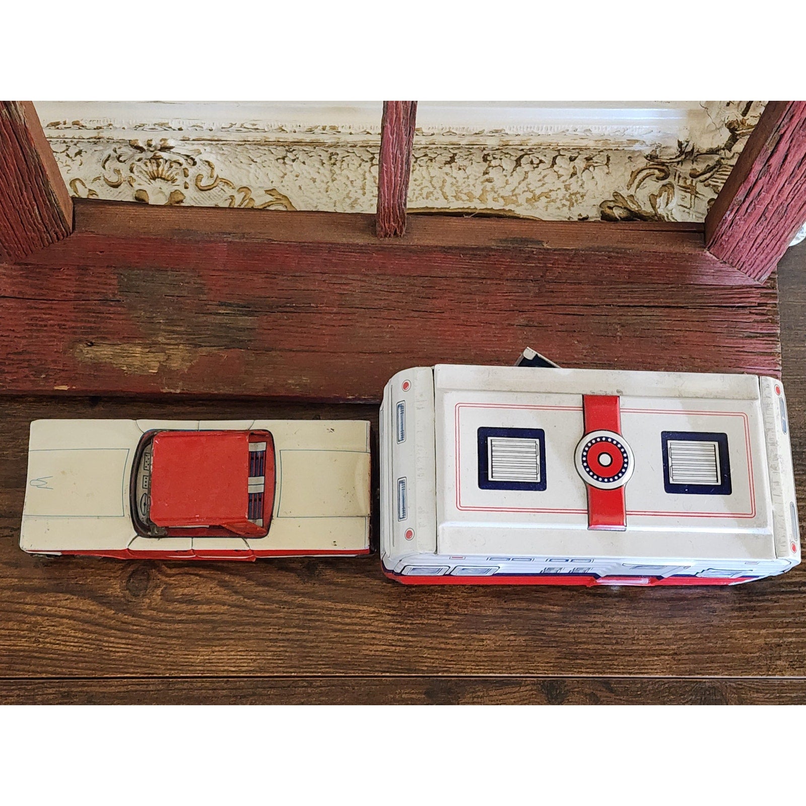 1960s Lithographed Tin Toy Ford Galaxie Car & Camping Trailer Set