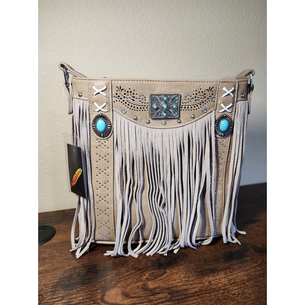 Nativo Brand Western Style Crossbody Bag w/Fringe, Turquoise Stones NWT