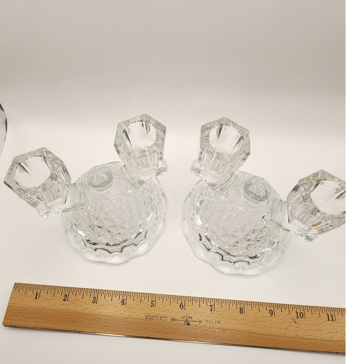 VTG Imperial Glass-Ohio Double Candlestick Holder Clear Pressed Glass Laced Edge