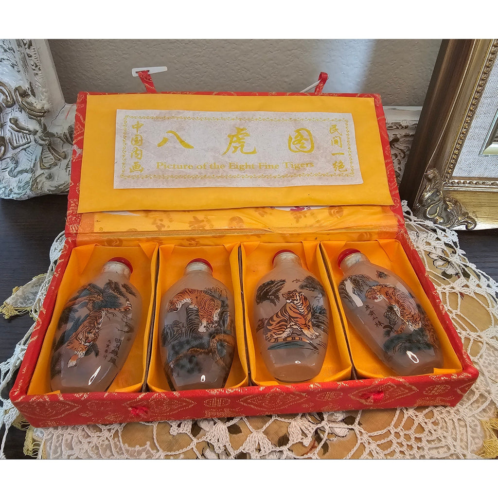Vintage Chinese Inside-Painted Glass Snuff Bottles – Tiger Theme, Set of 4 with Box