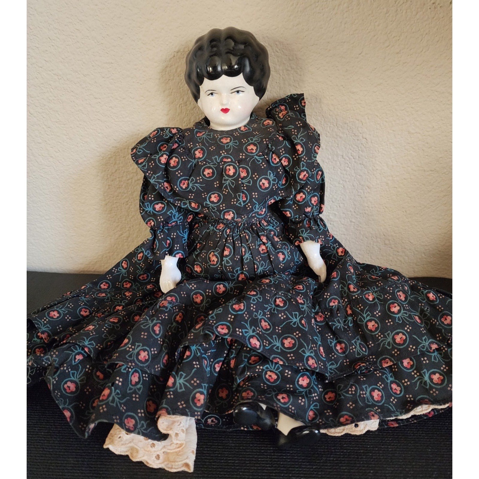 Vintage Glazed Porcelain China Head Doll -15” Black Hair w/ Dress