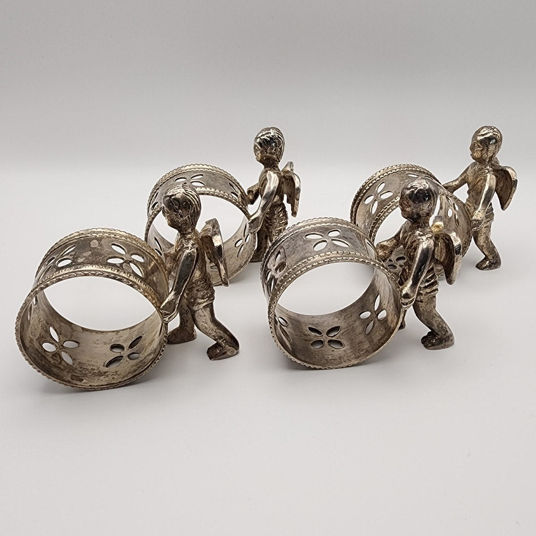 Antique Victorian Figural Silverplate Napkin Ring w/ Cherub / Angels Set of 4