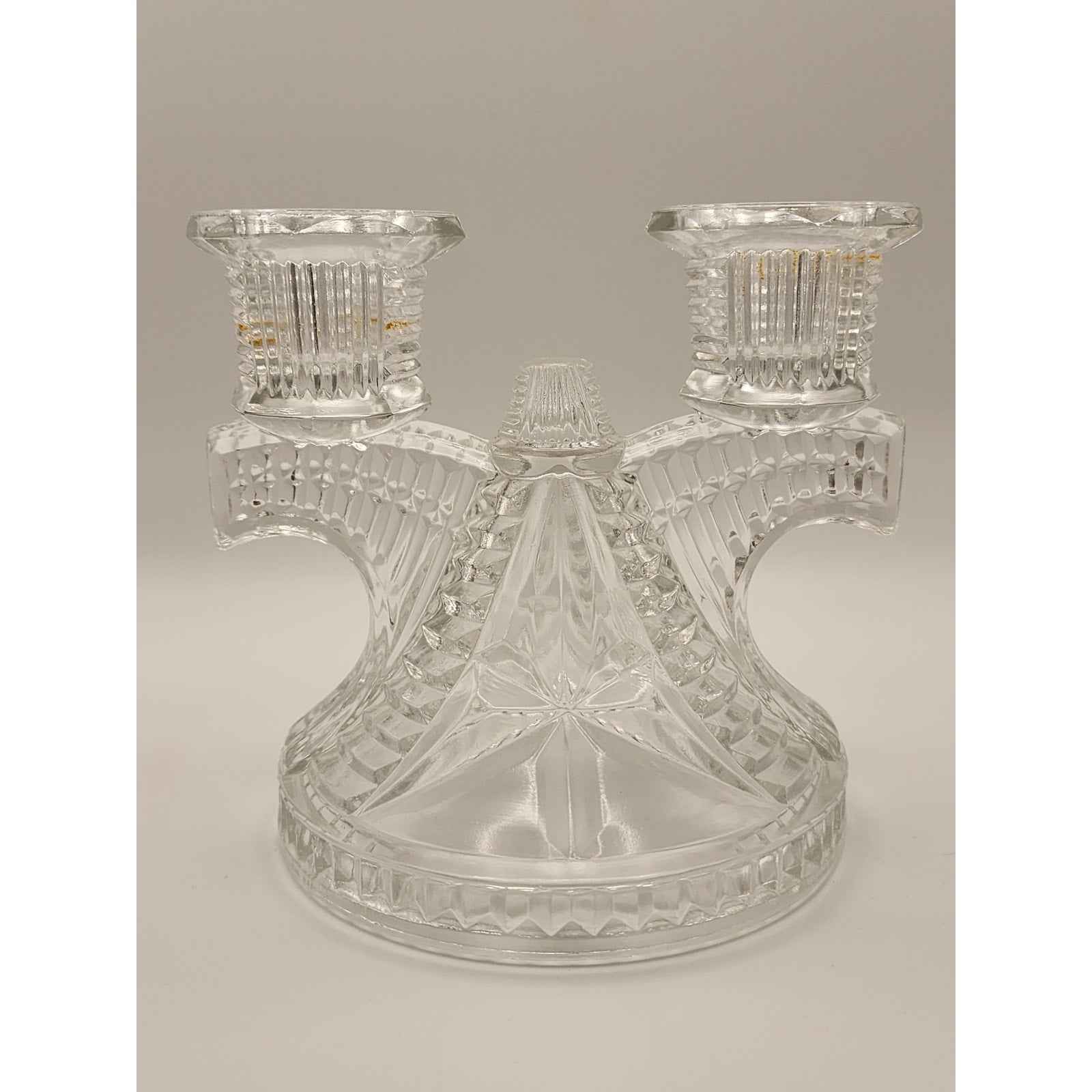 Vintage Federal Glass Wigwam Double Candle Holder Clear Pressed Art Deco 2 Lite