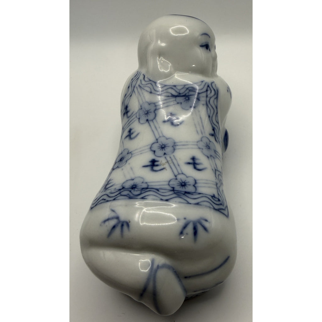 Vintage Chinese Blue and White Porcelain Reclining Buddha Baby Pillow FIgurine