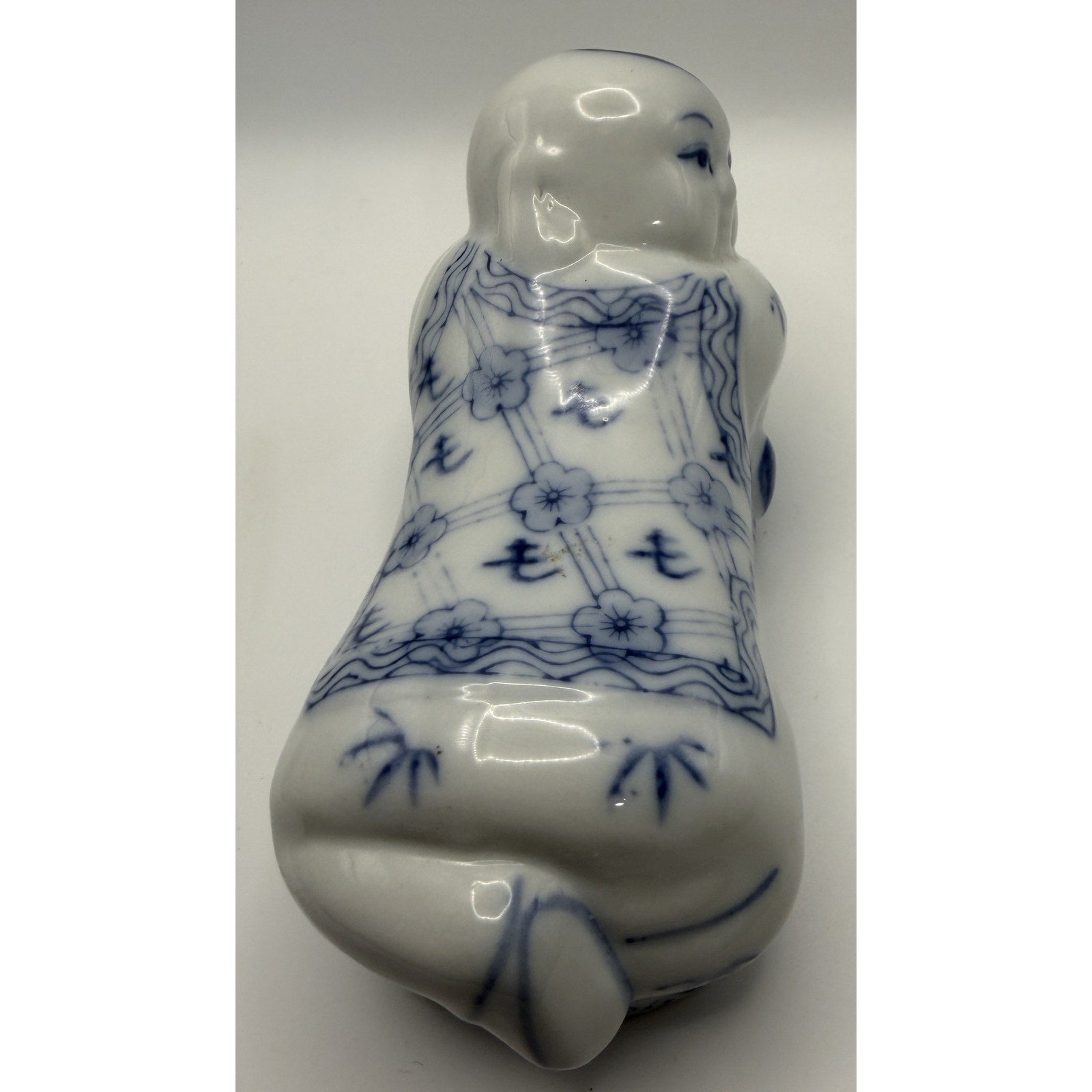 Vintage Chinese Blue and White Porcelain Reclining Buddha Baby Pillow FIgurine