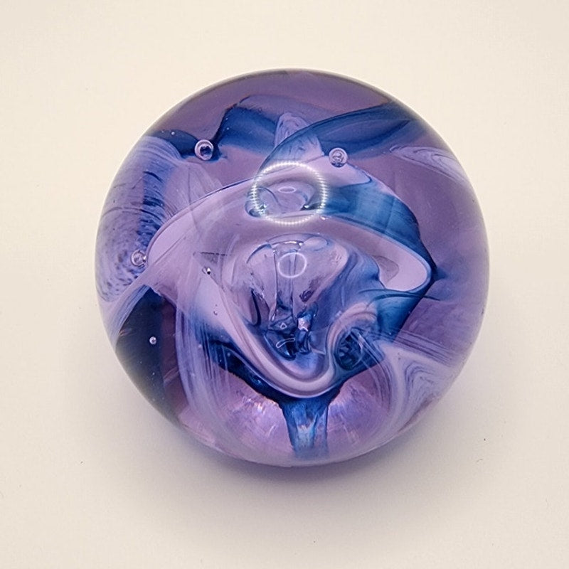 Signed Caithness Glass Mooncrystal Blue / Purple Swirl Paperweight - Scotland
