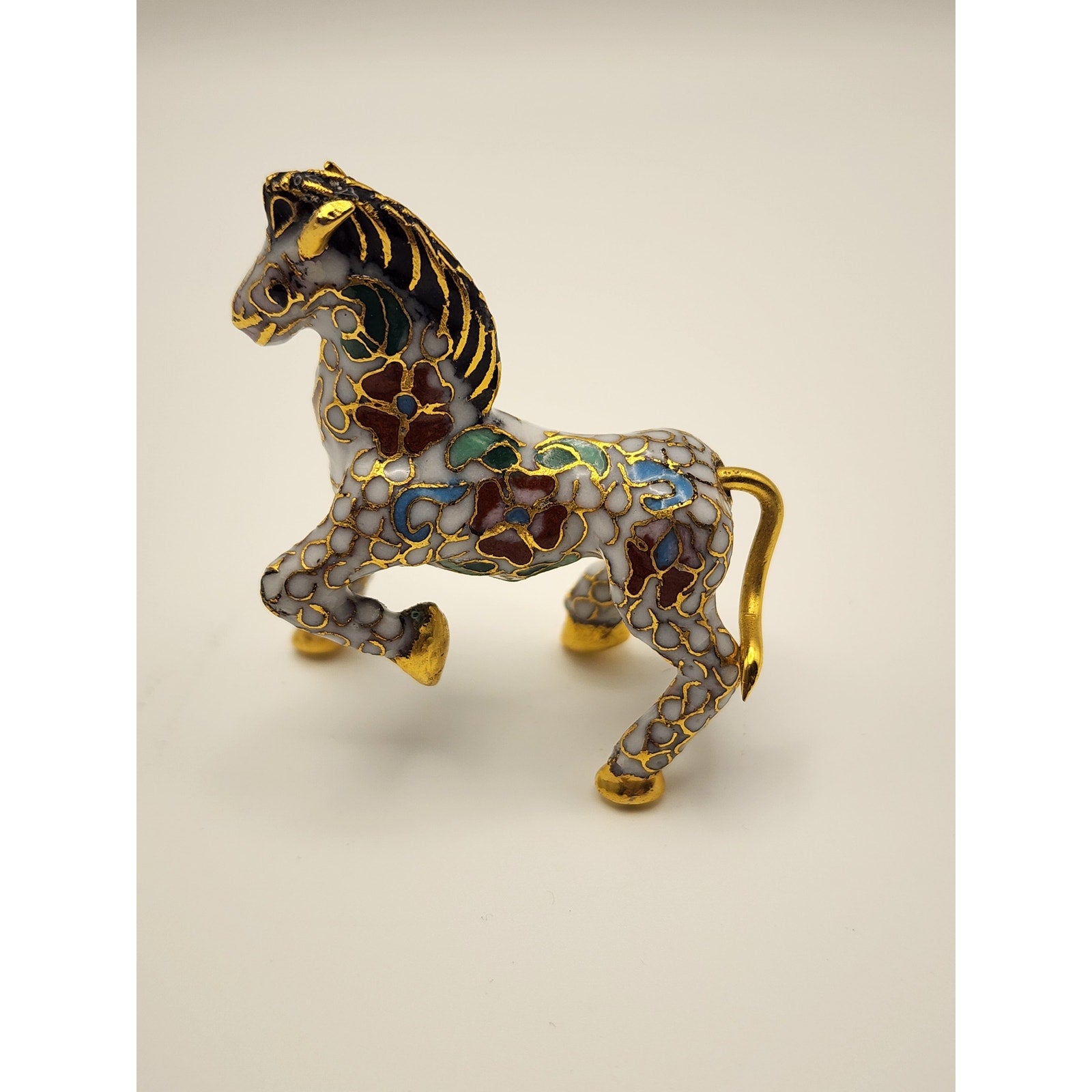 Vintage Miniature White Chinese Cloisonne Enamel Horse  Figurine w/ Gold Accents