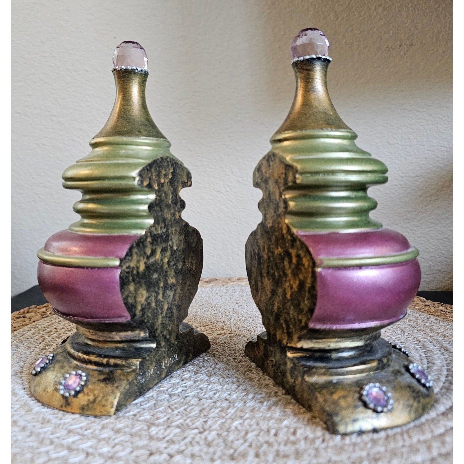 Ornate Gold & Pink Resin Crystal Bookends – Set of 2, Decorative