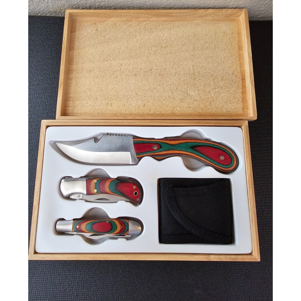 3 pc Knife Set with Wood Box with Pakkawood Handles and Stainless steel blades