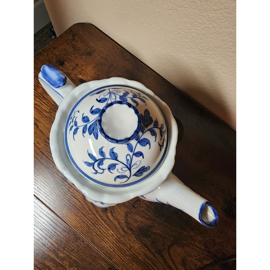Vintage Andrea by Sadek Blue / White Ceramic Teapot w/ Lotus Floral Pattern