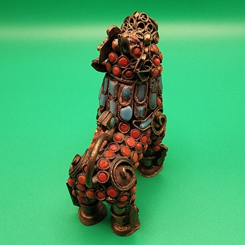Vintage Tibetan Brass Filigree Foo Dog Figurine Inlaid w/ Coral/Turquoise Stones