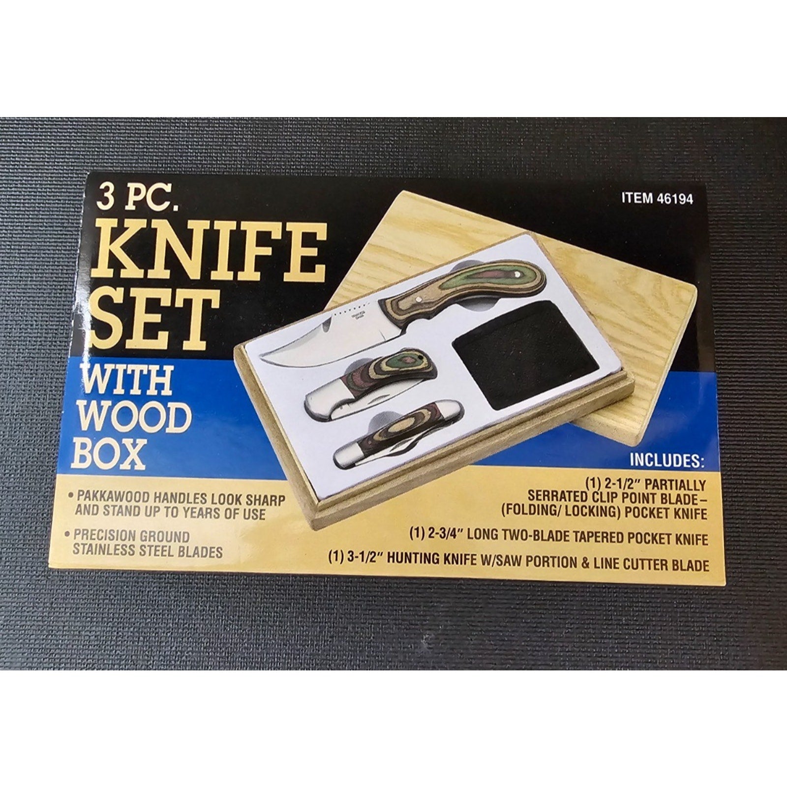 3 pc Knife Set with Wood Box with Pakkawood Handles and Stainless steel blades