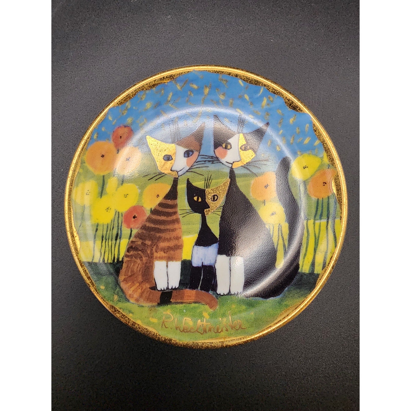 Goebel Miniature Signed Plate R Wachtmeister "Cat Family" Floral Trinket Dish 4"