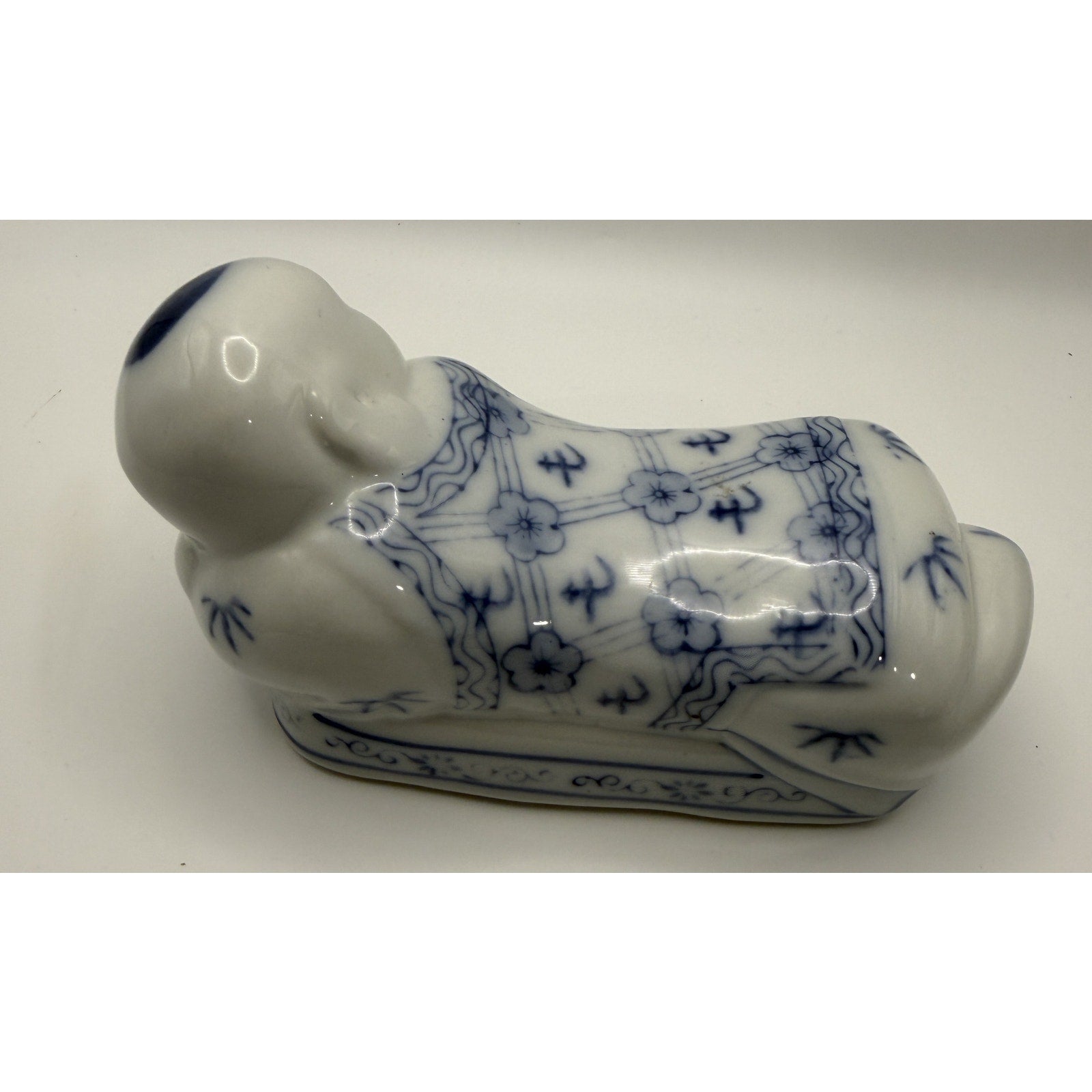Vintage Chinese Blue and White Porcelain Reclining Buddha Baby Pillow FIgurine