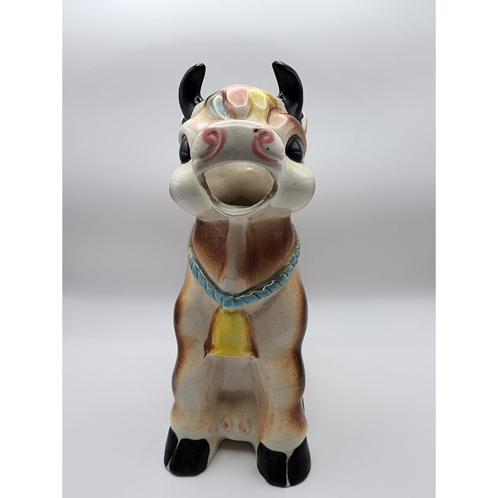 Vintage Hand Painted Anthropomorphic Ceramic "Brown Cow" Pitcher 1950s
