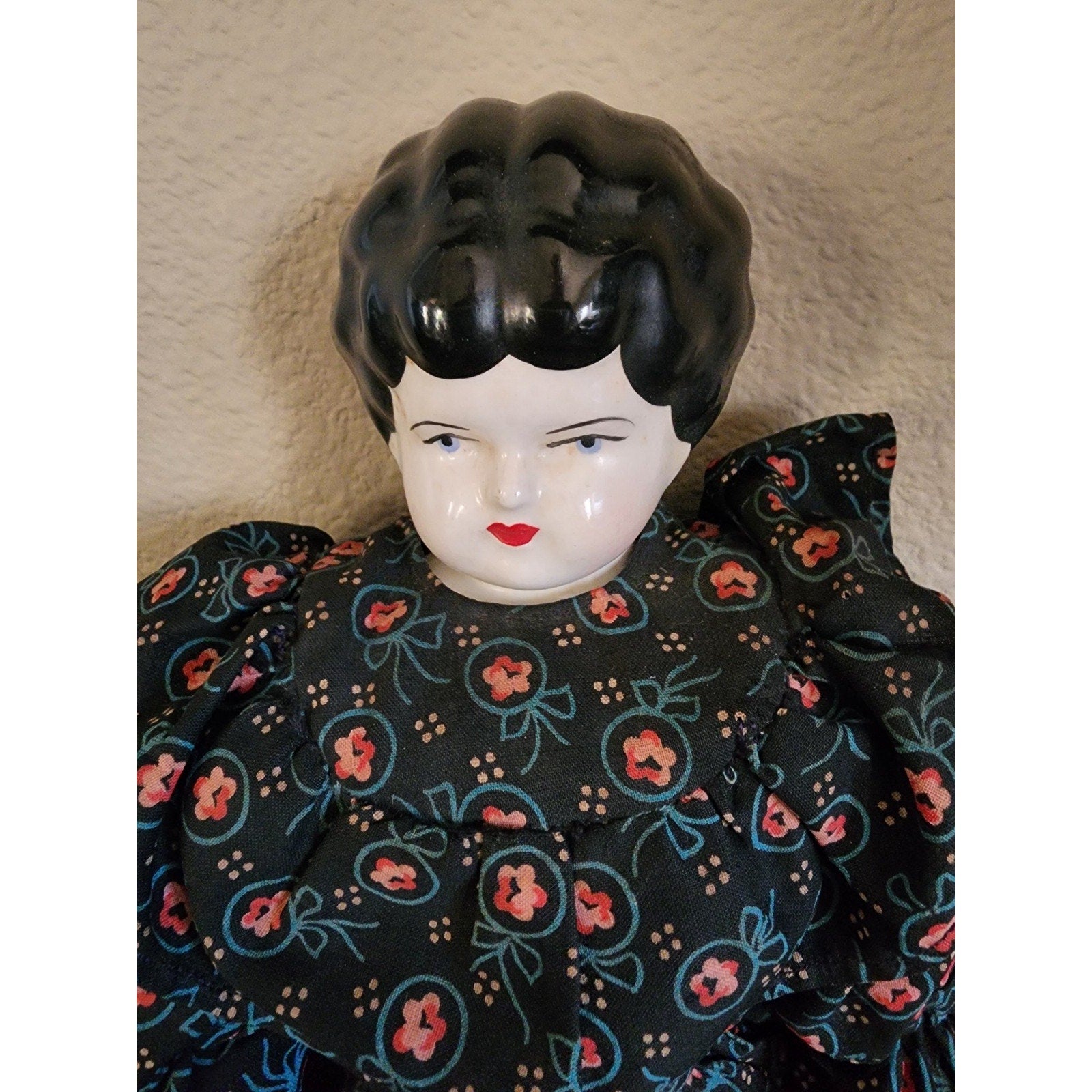 Vintage Glazed Porcelain China Head Doll -15” Black Hair w/ Dress