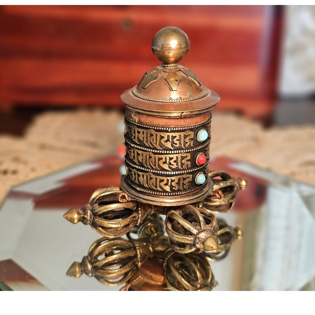 Vintage Tibetan Buddhist Prayer Wheel - Copper / Brass / Embedded Stones