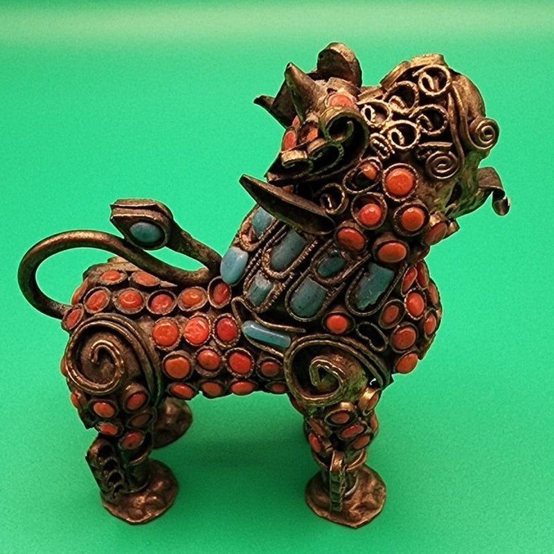 Vintage Tibetan Brass Filigree Foo Dog Figurine Inlaid w/ Coral/Turquoise Stones