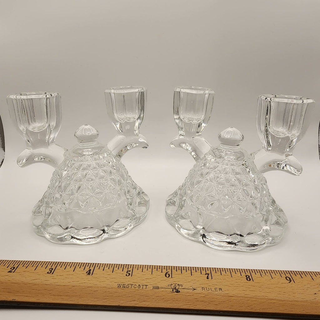 VTG Imperial Glass-Ohio Double Candlestick Holder Clear Pressed Glass Laced Edge