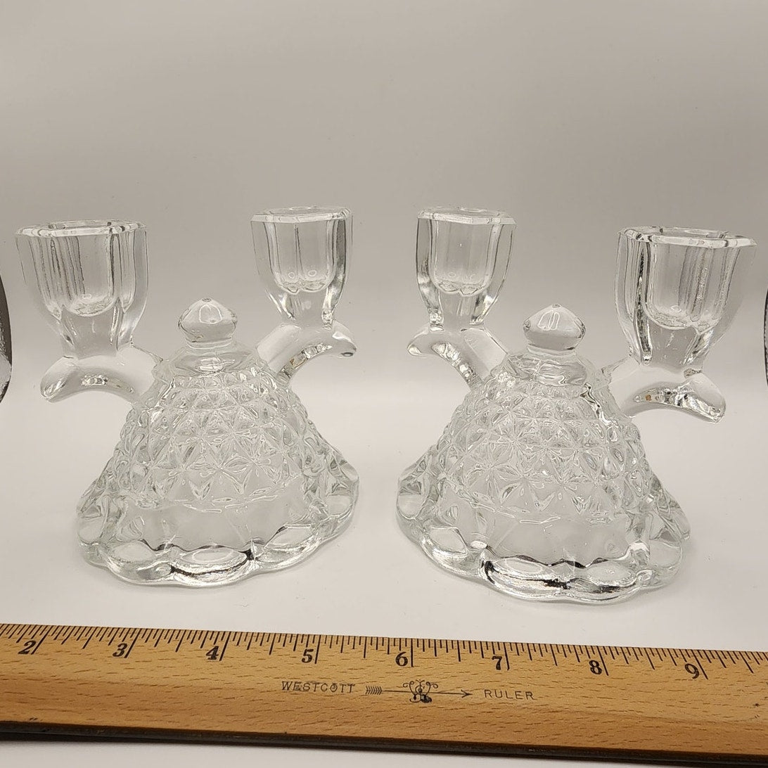 VTG Imperial Glass-Ohio Double Candlestick Holder Clear Pressed Glass Laced Edge