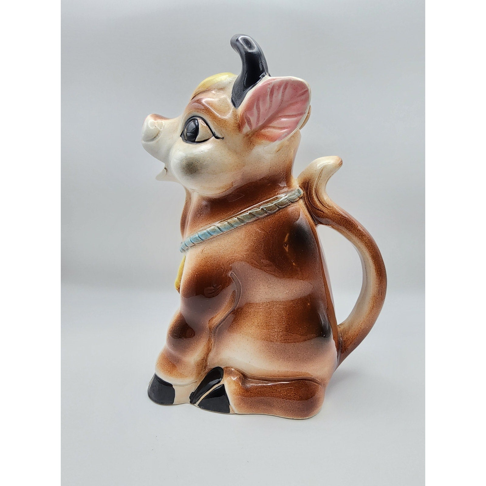 Vintage Hand Painted Anthropomorphic Ceramic "Brown Cow" Pitcher 1950s